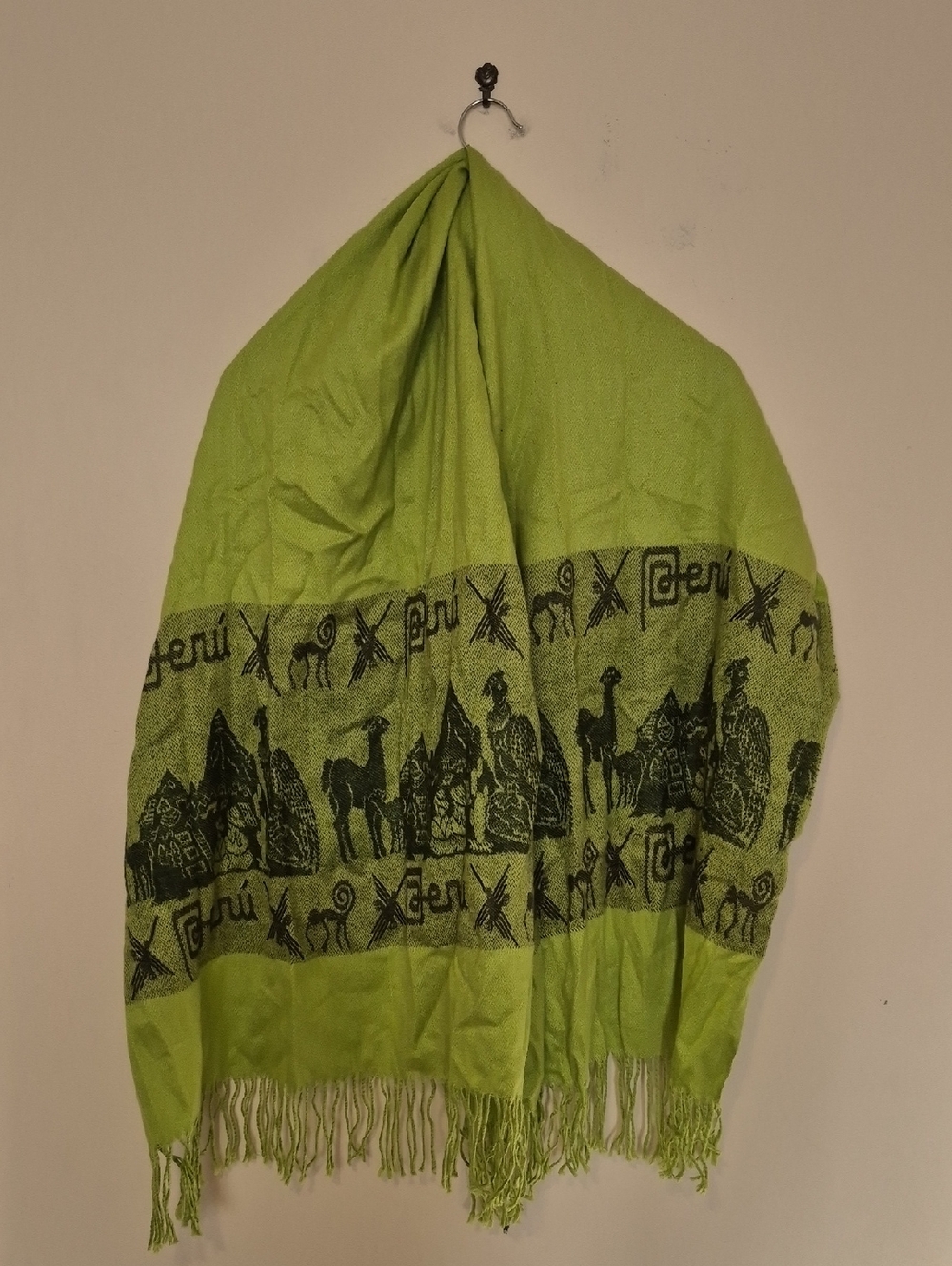 Lime/Avocado Green Peruvian Motif Llama Wool Fringe Shawl